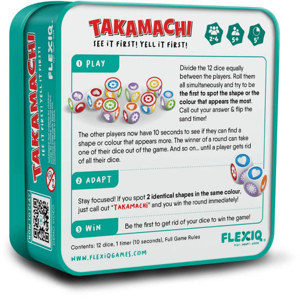 Back of Box of FLEXIQ Takamachi Dice Game | Fast Family Pattern Recognition Game