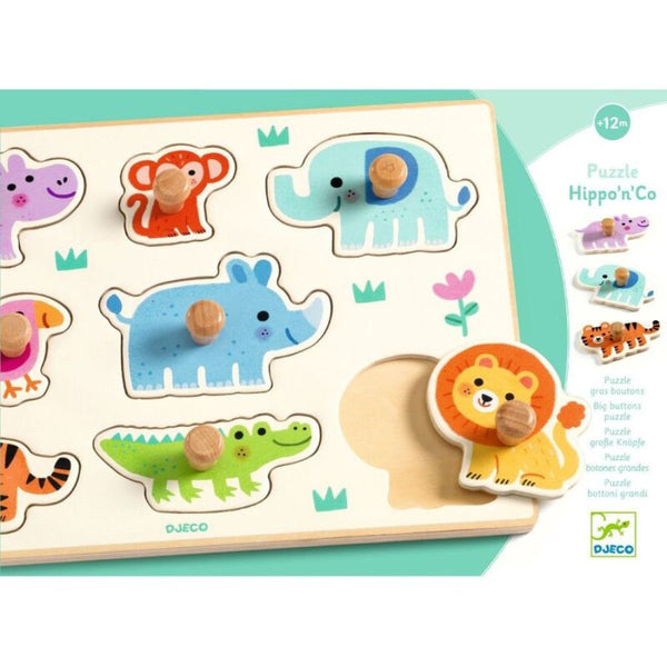 Djeco Hippo'n'Co Wooden Peg Puzzle – 8 Piece Animal Puzzle | KidzInc Australia 2