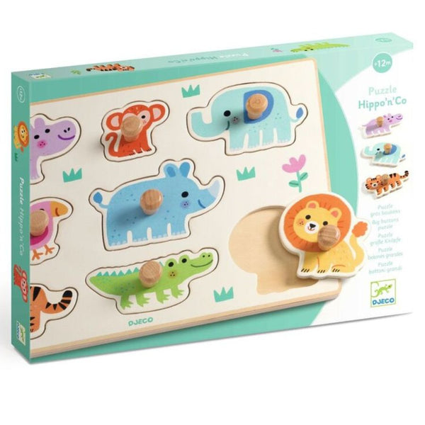 Djeco Hippo'n'Co Wooden Peg Puzzle – 8 Piece Animal Puzzle | KidzInc Australia