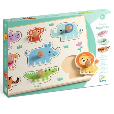 Djeco Hippo'n'Co Wooden Peg Puzzle – 8 Piece Animal Puzzle | KidzInc Australia