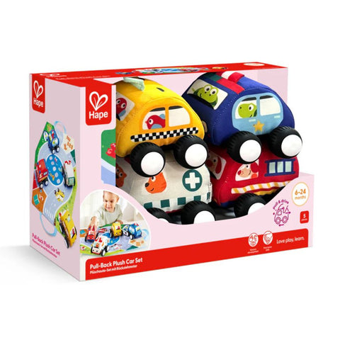 Hape Pull-Back Plush Car Set packagin | KidzInc Australia