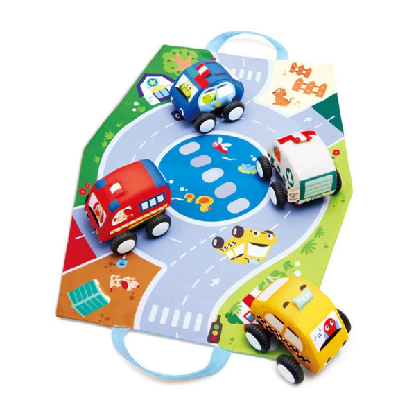 Contents of Hape Pull-Back Plush Car Set – Soft Vehicles for Imaginative Play | KidzInc Australia