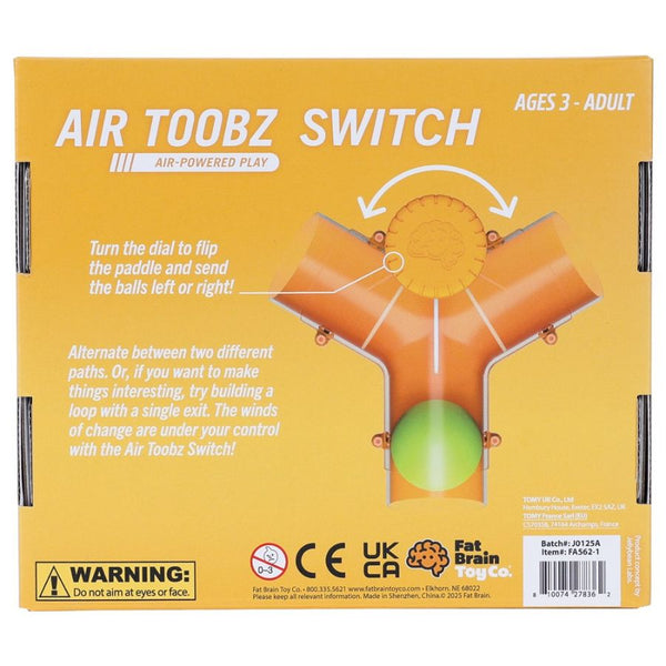 Back of packaging box of Fat Brain Toy Co Air Toobz Switch Accessory | STEM Building Toy 3 Years +