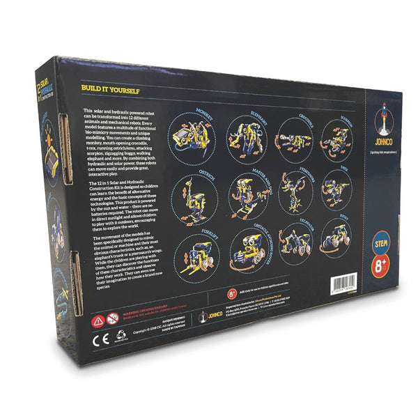Johnc 12 in 1 Solar and Hydraulic Construction Kit | Back view of a toy building set packaging with illustrations and text.