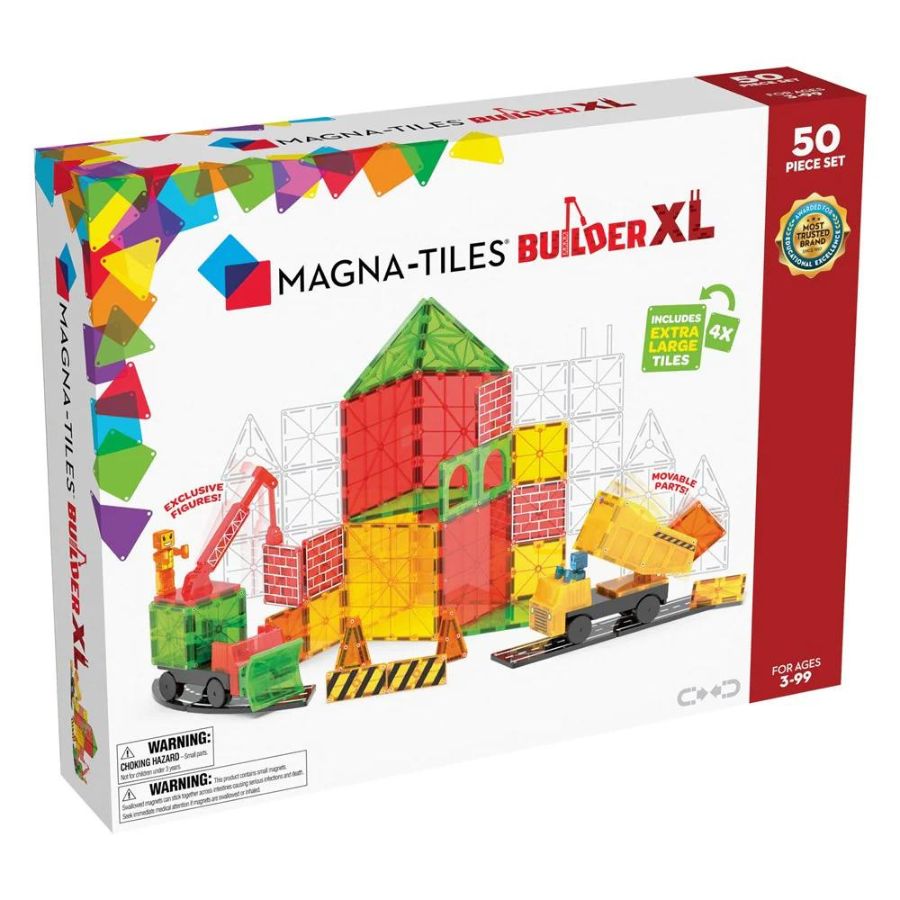 Magna-Tiles® Builder XL 50 Pezzi - Set Costruzioni Magnetiche Con Auto, Gru E Strade, Per Bambini 3+ Anni