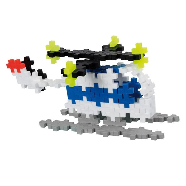 Plus-Plus Basic Mix 240 piece building blocks  showing  helicopter built of the interlocking pieces.