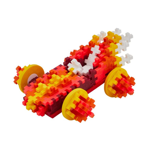 Completed Plus-Plus fire-coloured race car built with 200 pieces showing blazing red orange yellow vehicle design