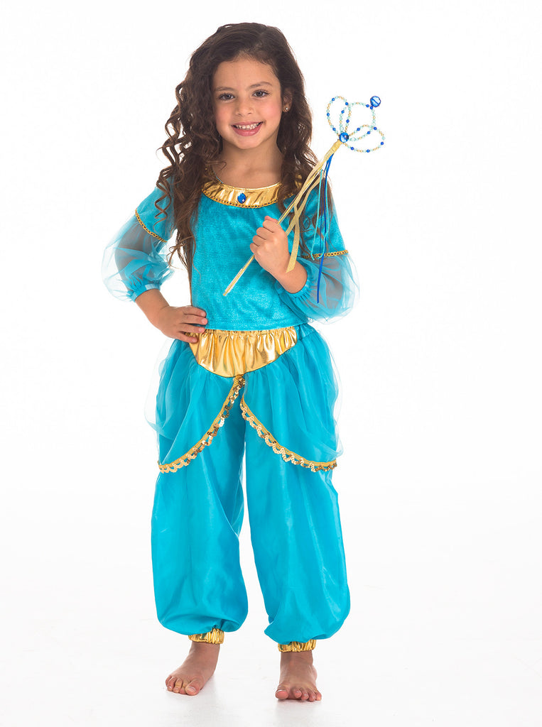 Little Adventures Arabian Princess Costume For Girls - Teal & Gold Dress-Up, Machine Washable (Large 5-7)