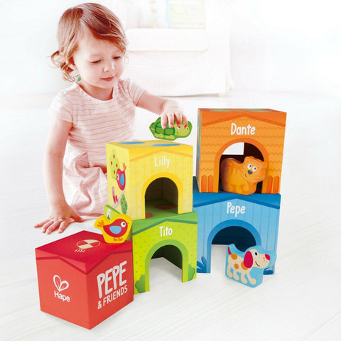 Hape - Sunny Valley Friendship Tower Stacking Cubes | KidzInc Australia | Online Educational Toy Store